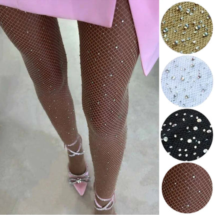 2024 estate a rete diamante collant per le donne moda sexy collant a rete lucida femminile sottile strass maglia calze di nylon collant