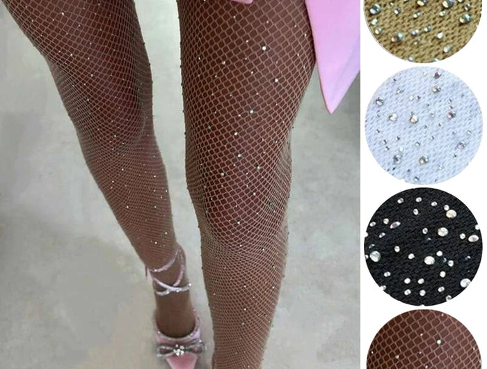 2024 estate a rete diamante collant per le donne moda sexy collant a rete lucida femminile sottile strass maglia calze di nylon collant