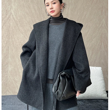 Brushed 100% Wool Coat Women Hooded Belted Wrap Coat Long-Pile Double-Faced Texture Unlined Relaxed Fit Short Coats Fall Winter