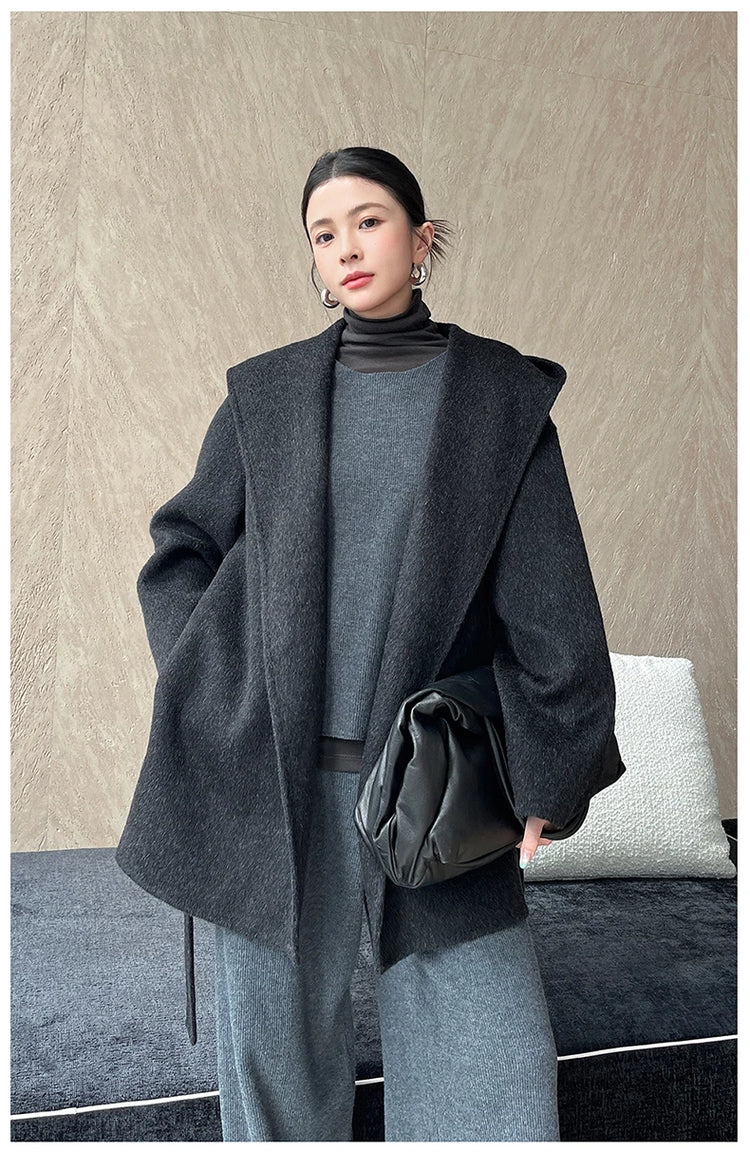 Brushed 100% Wool Coat Women Hooded Belted Wrap Coat Long-Pile Double-Faced Texture Unlined Relaxed Fit Short Coats Fall Winter