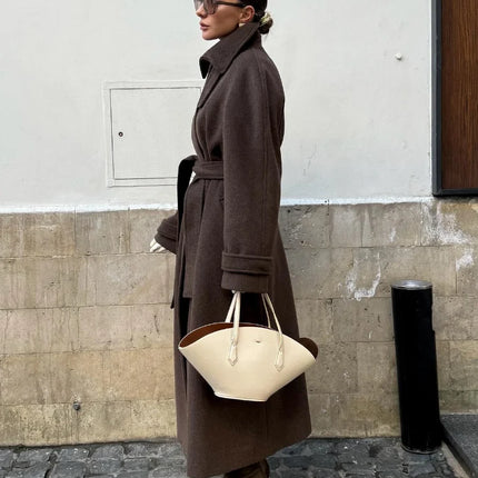 Women's Long Woolen Overcoats Stand Collar Single Breasted Lace Up Oversized Coat Autumn Winter Female Loose New Chic Outerwears