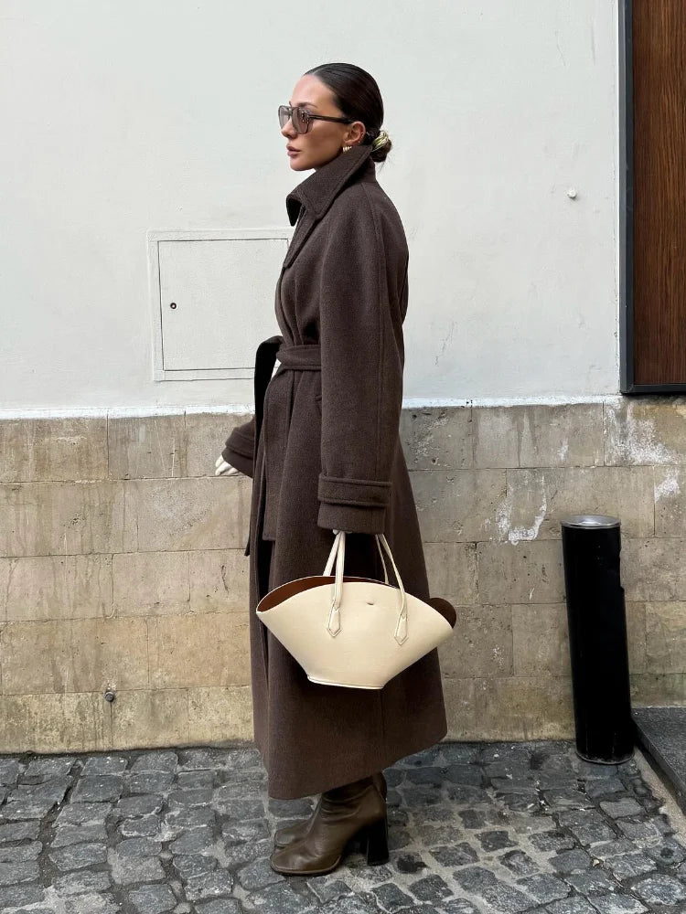 Women's Long Woolen Overcoats Stand Collar Single Breasted Lace Up Oversized Coat Autumn Winter Female Loose New Chic Outerwears