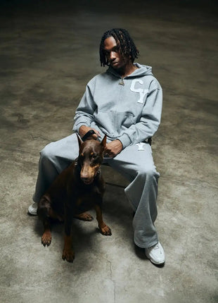 Streetwear Men's Fashion C Y Letter Zipper Set Multiple Colors Available Street Style Relaxed Unique Look Casual Two-Piece Set PlatiNum