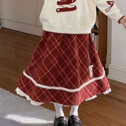 Sweet Red Plaid Long Skirt Women Vintage Faux Woolen Bow Cute Skirts Lace Patchwork High Waist Korean Elegant Warm Long Skirts PlatiNum