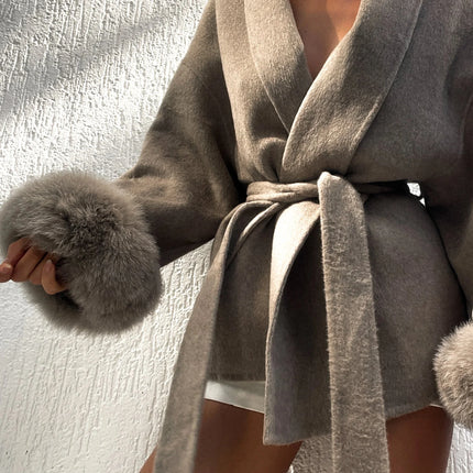 Elegant Lace Up Woolen Short Coat Solid Loose Lapel Furry Long Sleeve Belt Waist Jacket 2026 Spring Autumn Lady Chic Cardigan