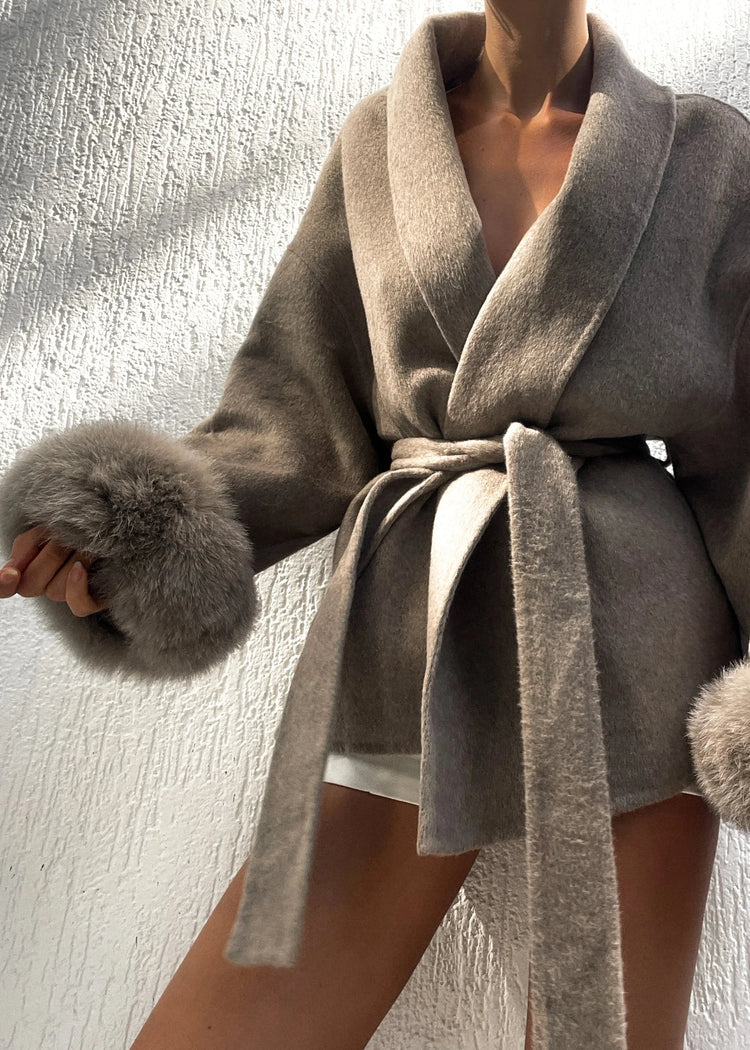 Elegant Lace Up Woolen Short Coat Solid Loose Lapel Furry Long Sleeve Belt Waist Jacket 2026 Spring Autumn Lady Chic Cardigan