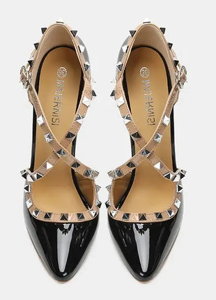 Sandali con tacco alto da donna con cinturino incrociato con rivetti Scarpe singole sexy con punta a punta per discoteca Modello di ospite di festa Passerella Cross Dressing platinumshop