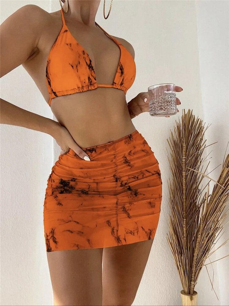 3 pezzi perizoma Bikini con gonna marmo texture costume da bagno donna costume da bagno Set costumi da bagno femminili abbigliamento da spiaggia nuoto estate platinumshop