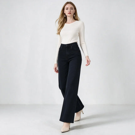 Women's Black Wide Leg Jeans, High Waist, Stretch Denim, Comfortable Loose Fit, Belt and Scarf Details, Modern Casual Style, Fashion Trousers for All Seasons, Sizes Xs-Xl，Fx1338-7