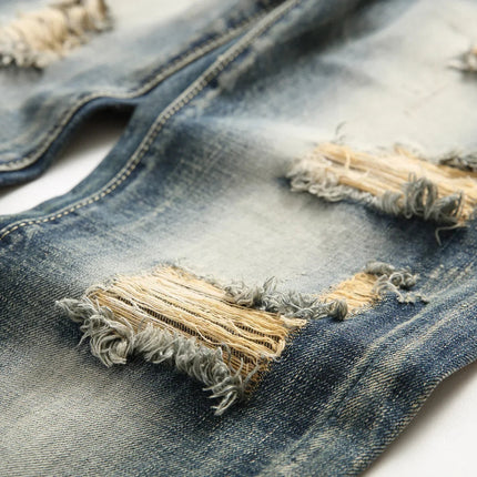 Casual Men's Light Blue Denim Jeans Ripped Straight Leg Slim Fit Non-Elastic Torn Casual Style Chinese Production PlatiNum