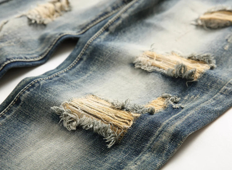 Casual Men's Light Blue Denim Jeans Ripped Straight Leg Slim Fit Non-Elastic Torn Casual Style Chinese Production PlatiNum