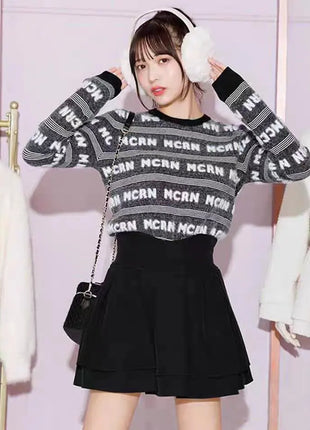Minigonna a balze Lautaro Primavera Estate Nera Dolce Carina Kawaii a Vita Alta da Donna, Abbigliamento Cutecore Stile Giapponese Moda