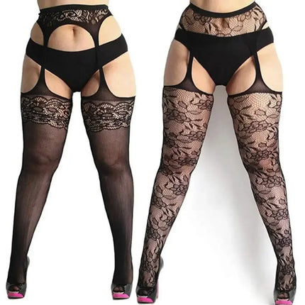 NEWJOINFUN Plus Open Crotch Pantyhose Large Fishnet Stockings Black Thigh High Stockings Garter Tights for Women Oversized XXXXL
