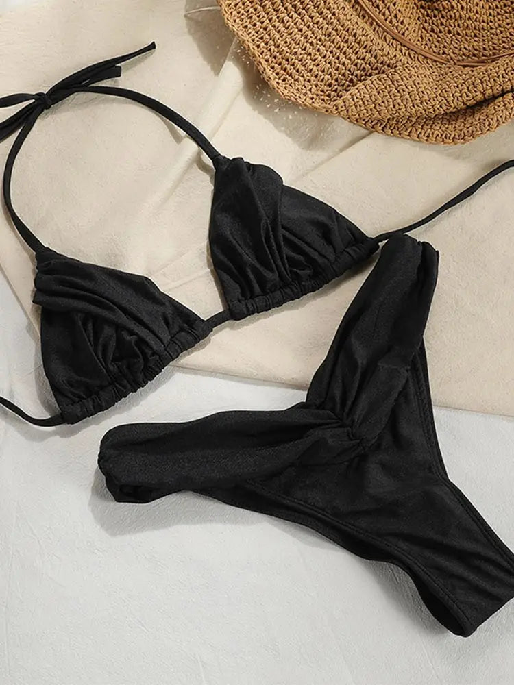 Set Bikini Sexy con Pieghe, Micro Bikini Tinta Unita, Costume da Bagno Femminile a Triangolo, Abbigliamento da Spiaggia platinumshop