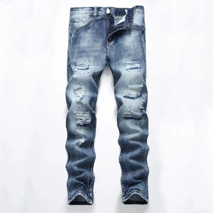 Casual Men's Light Blue Denim Jeans Ripped Straight Leg Slim Fit Non-Elastic Torn Casual Style Chinese Production PlatiNum