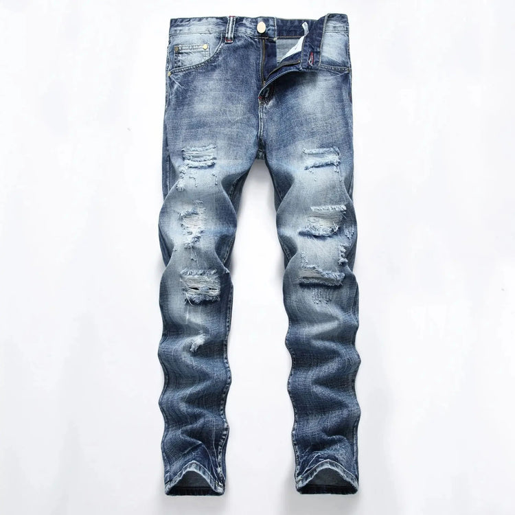 Casual Men's Light Blue Denim Jeans Ripped Straight Leg Slim Fit Non-Elastic Torn Casual Style Chinese Production PlatiNum