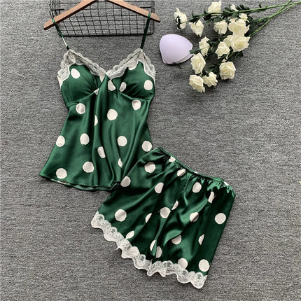 Nuovo set di biancheria intima da donna in due pezzi, composto da canotta e pantaloncini in raso a pois, stile europeo e americano, semplice e casual.