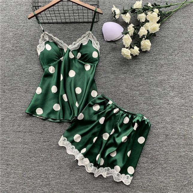 Nuovo set di biancheria intima da donna in due pezzi, composto da canotta e pantaloncini in raso a pois, stile europeo e americano, semplice e casual.
