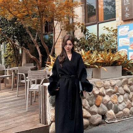Lace Up Lapel Cashmere Wool Coat For Women's Winter Fashion Female Woolen Jackets Fur Long Sleeve Loose Overcoats