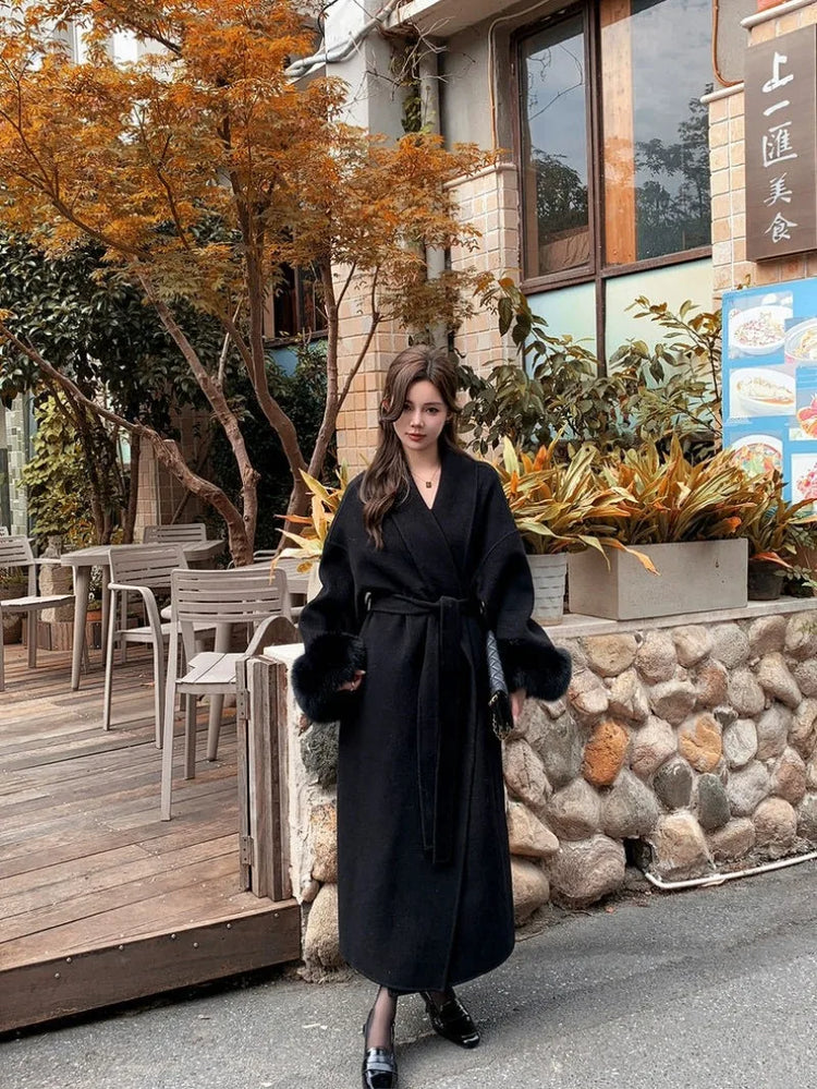Lace Up Lapel Cashmere Wool Coat For Women's Winter Fashion Female Woolen Jackets Fur Long Sleeve Loose Overcoats