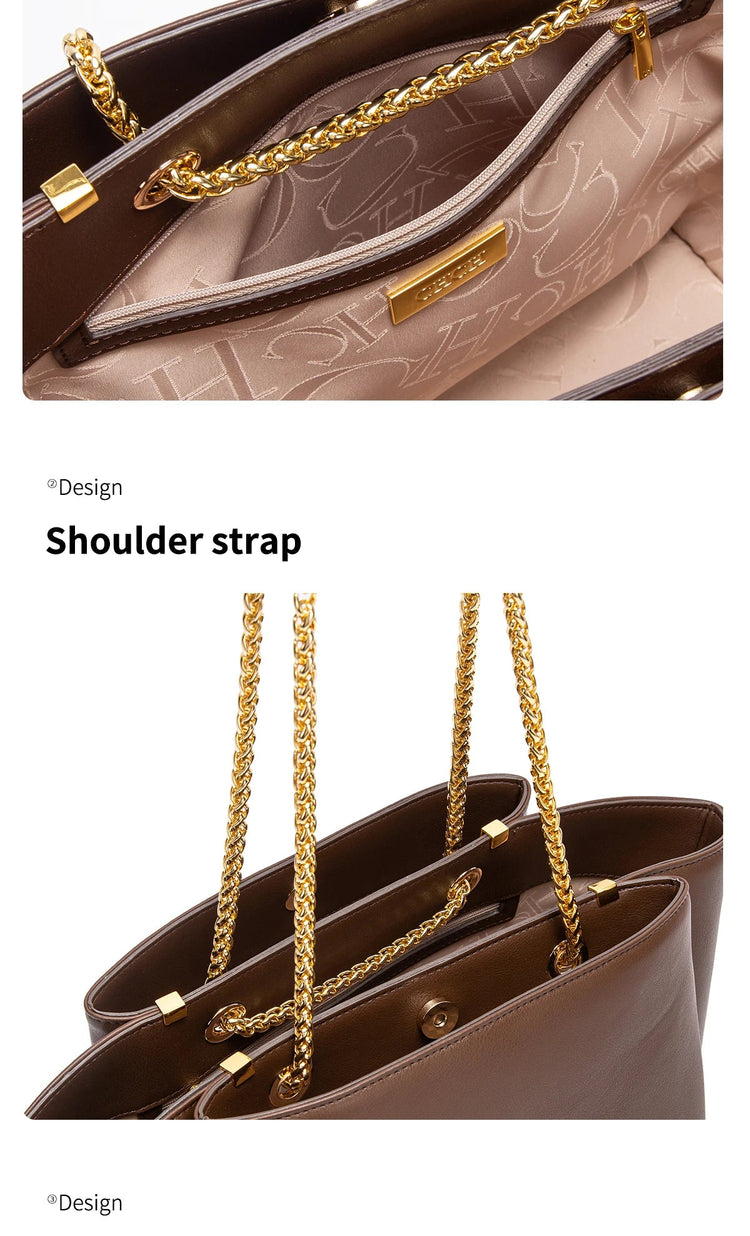 CHCH Women's Tote Bag 2026 Spring New Brown Magnetic Buckle Storage Bag Large Capacity Commuter Chain Bag PlatiNum