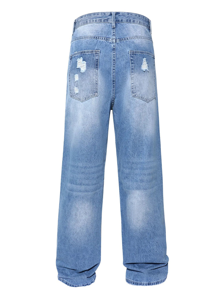 Men's Ripped Baggy Jeans Loose Fit Distressed Denim Pants Light Wash Y2K Streetwear Wide Leg Style PlatiNum