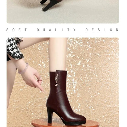 Women's Mid-calf Boots Temperament Pointed High Heeled Boots High Quality Casual Leather Boots for Women Plush Warm Winter Boot