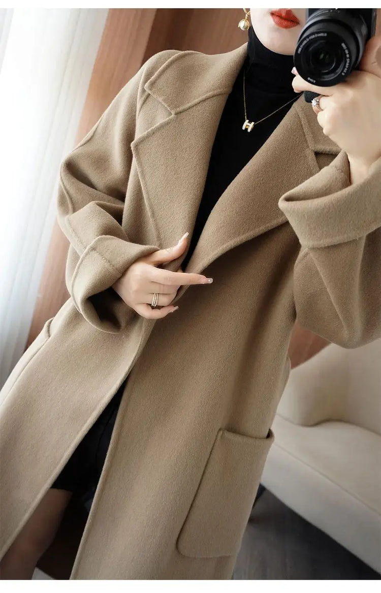 100% Wool Coat Women's Wear 2026 Autumn/Winter Fashion Temperament Double sided Cashmere Coats with Belt Elegant Long Overcoat