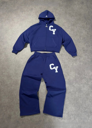Streetwear Men's Fashion C Y Letter Zipper Set Multiple Colors Available Street Style Relaxed Unique Look Casual Two-Piece Set PlatiNum