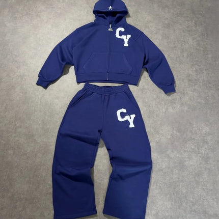 Streetwear Men's Fashion C Y Letter Zipper Set Multiple Colors Available Street Style Relaxed Unique Look Casual Two-Piece Set PlatiNum