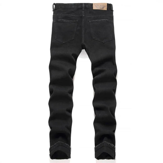 Autumn And Winter Retro Black Ripped Jeans Men'S Straight Leg Pants Pentagram Patch Casual Jeans Pants PlatiNum