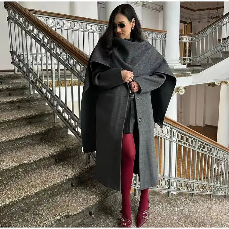 Elegant Big Scarf Collar Women's Coat Fashion Double Breasted Pockets Overcoats 2026 Autumn New High Street Oversize Outerwears