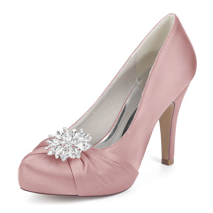Primavera Boca de pescado Punta redonda Diamantes de imitación de seda Zapatos de boda impermeables de tacón alto para mesa Sandalias de mujer de talla grande para vestido de banquete