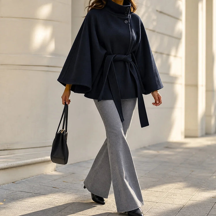 Women's Elegant Midi Cape Coat with Stand Collar Three Quarter Flared Sleeves Solid Color Belted Loose Fit Poncho For Woman