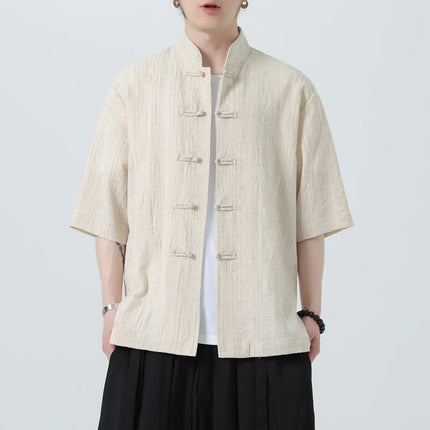 Camicie a Righe da Uomo Estive in Stile Cinese Tradizionale, Camicie Traspiranti in Lino, Abbigliamento Maschile Retrò per Kung Fu e Tai Chi, Completo Casual Tang