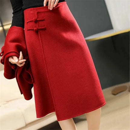 Winter Woolen Midi Irregular Split Skirt Red Elegant High Waisted Buckle Basic Wool Skirts Female Casual Thick Warm A-Line Skirt PlatiNum
