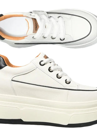Fujin 9cm 3 inch comfortable platform sneakers for women Genuine Leather Women Vulcanized Shoes Platform High Heels Casual Shoes PlatiNum