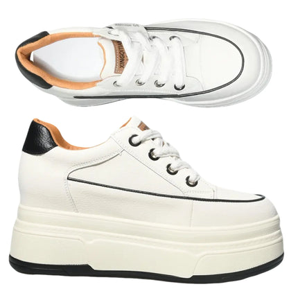 Fujin 9cm 3 inch comfortable platform sneakers for women Genuine Leather Women Vulcanized Shoes Platform High Heels Casual Shoes PlatiNum