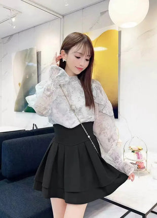 Minigonna a balze Lautaro Primavera Estate Nera Dolce Carina Kawaii a Vita Alta da Donna, Abbigliamento Cutecore Stile Giapponese Moda