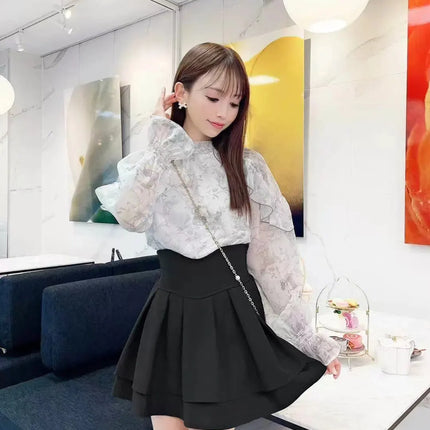 Lautaro Damen-Stufenminirock Frühling Sommer, Schwarz, Süß, Kawaii, Hohe Taille, Cutecore-Kleidung, Japanischer Modestil
