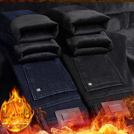 2026 New Men's Autumn and Winter Plush Thick Jeans Men's Stretch Business High Waisted Straight Leg Casual Cotton Pants
