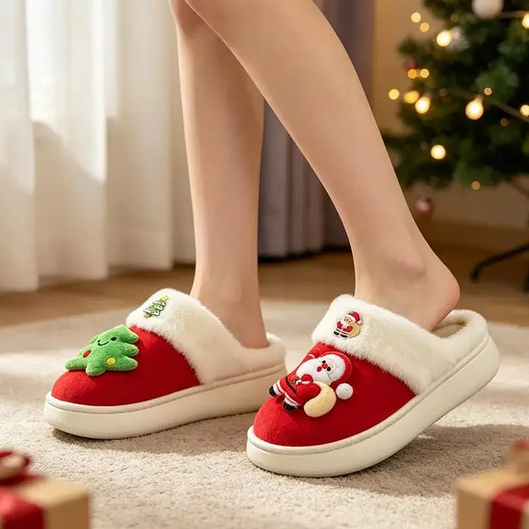 2026 Women Cute Santa Claus Plush Christmas Slippers Winter Warm Furry Fur Indoor Slippers Woman Platform Home Slides Girls Gift