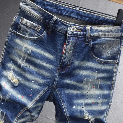 Street Designer Fashion Men Jeans Retro Blue Stretch Slim Fit Spliced Ripped Jeans Men Y2K Painted Vintage Denim Pants Hombre PlatiNum