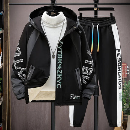 Winter Warm Hooded patchwork Jacket+Pant 2-piece Set Men Set Sports Suit Fleece Thickened Sportswear Casual Men Tracksuit