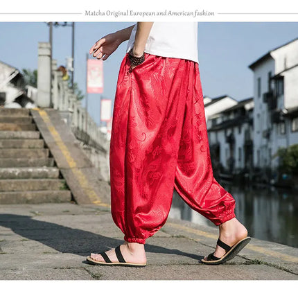 Vendite calde Pantaloni Da Uomo 2024 Nuovo Drago di Seta del Ghiaccio Fiore Scuro Bloomers Moda Allentata Gamba Larga Casual di Alta Qualità Pantaloni Maschili di Marca