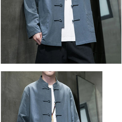 Camicie da uomo stile cinese retrò lino cotone tinta unita vestito Tang top cardigan uomo casual Kung Fu Tai Chi camicette da uomo abbigliamento