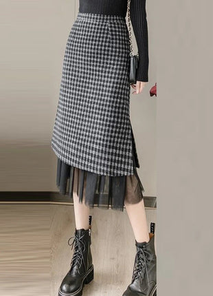 Woolen plaid skirt autumn and winter 2025 new plaid foreign style small man a word hip wrap medium and long skirt PlatiNum
