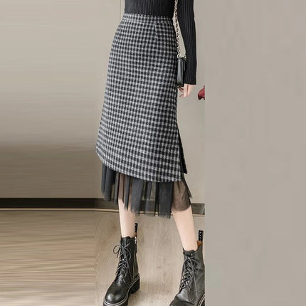 Woolen plaid skirt autumn and winter 2025 new plaid foreign style small man a word hip wrap medium and long skirt PlatiNum