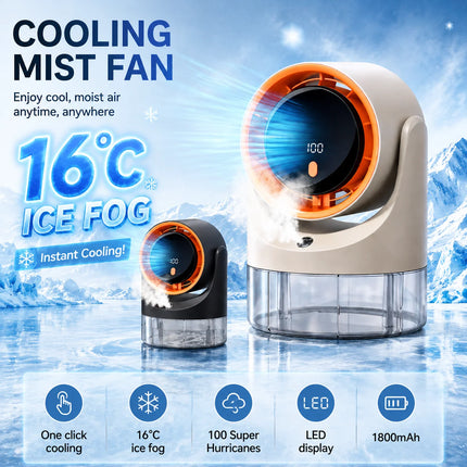 Ventilatore Nebulizzatore con Funzione Umidificatore 360° °   Ventilatore da tavolo regolabile con display LED 100 velocità 16 ° C Ice Fog Batteria da 1800mAh a Lunga Durata