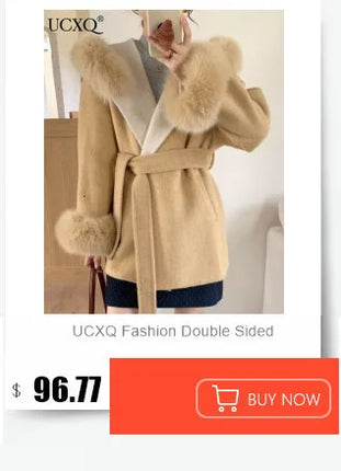 UCXQ Color Blocked Double Sided Wool Coat For Women Hooded Long Sleeved Belt Cardigan Coats 2025 Autumn Winter New Tide 23Z3934
